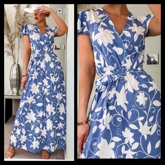 Estee Brown Blue Floral Belted Front Wrap Maxi Dress Small/Medium - Picture 2 of 13